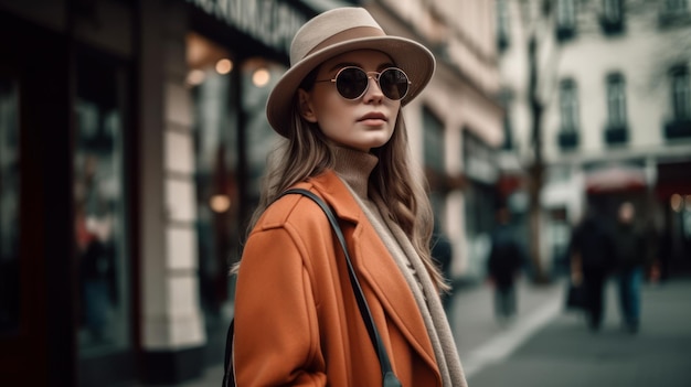 Stylish pretty woman in walking down the street