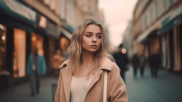 Stylish pretty woman in walking down the street