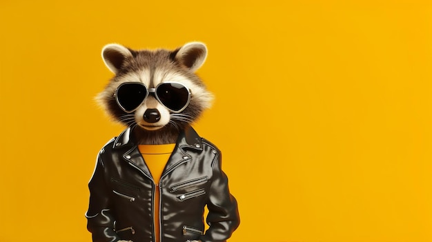 Photo stylish raccoon with sunglasses and leather jacket generative ai