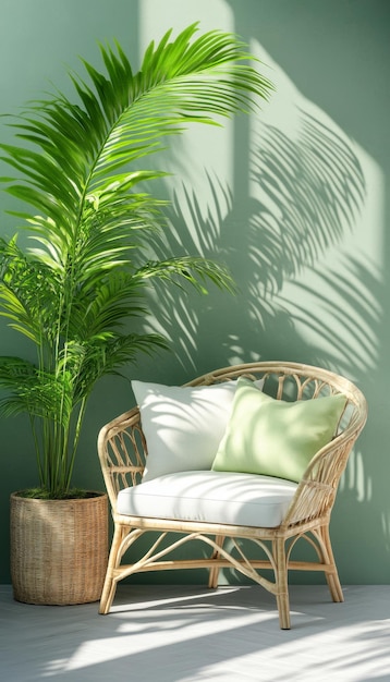 Photo stylish rattan armchair with green plants and sunlight shadows tranquil interior design