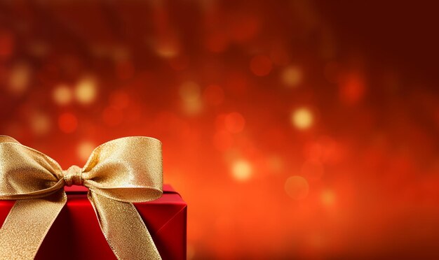 Stylish red christmas gift with golden ribbon and bow against bokeh lights background copy space