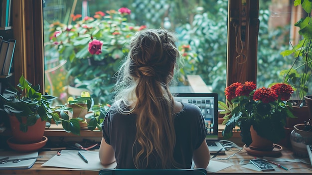 Stylish Remote Work Setup Woman in a Comfortable Home Office with Potted Plants