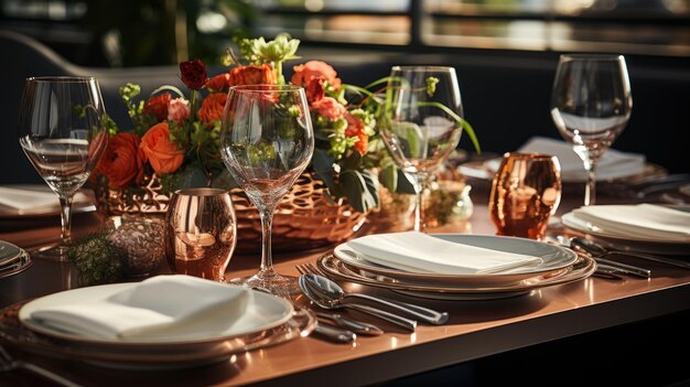 Stylish restaurant table setting with elegant cutlery and carefully arranged dishes