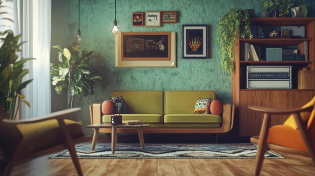 Photo stylish retro living room with green accents and midcentury furniture in a cozy urban apartment during daylight