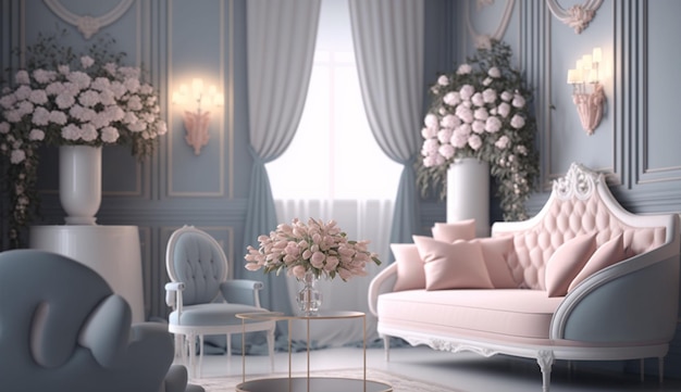 Stylish romantic room with flowers romantic mock up 3d Generative Ai