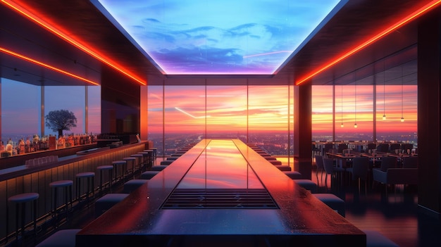 Photo stylish rooftop bar with modern design offering a breathtaking sunset view creating a perfect ambiance for evening relaxation