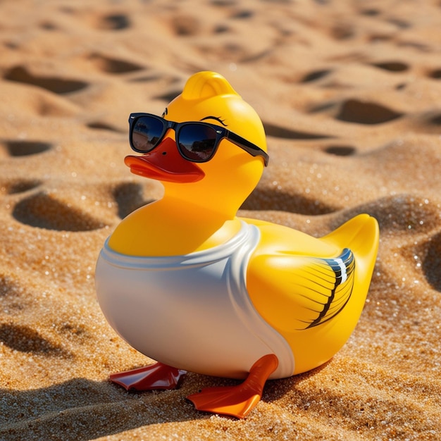 Stylish rubber duck toy on the beach sand