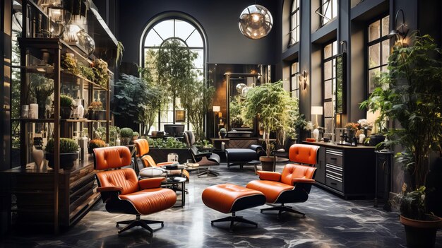 Photo a stylish salon interior with vibrant orange chairs abundant greenery large windows and modern decor elements