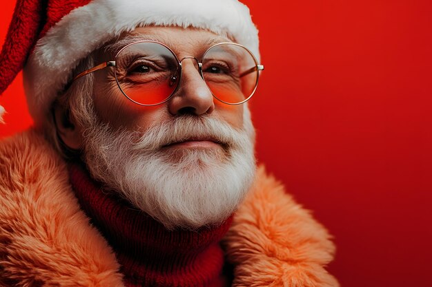 Stylish Santa Claus wearing round glasses and fur coat posing with confidence against red wall