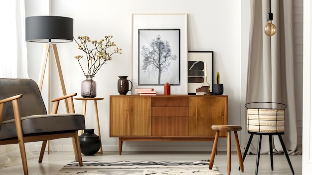 Stylish scandinavian composition of living room with design armchair black mock up p Generative AI