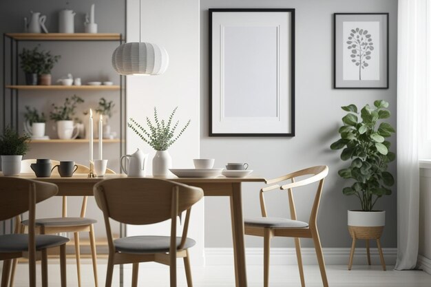 Stylish scandinavian dining room interior with mock up poster frame wooden table furniture tea pot decoration and elegant accessories in modern home decor