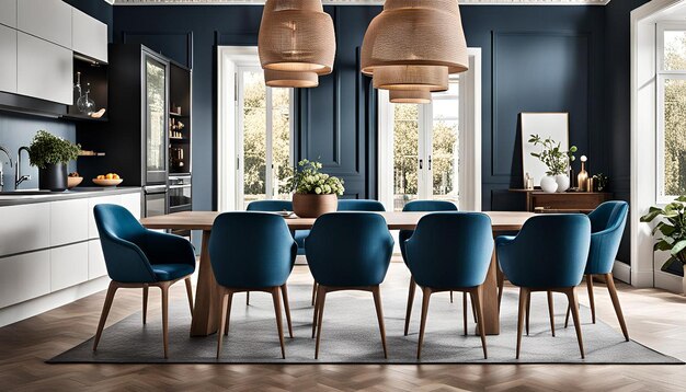 Photo stylish scandinavian dining room with a wooden table and blue chairs