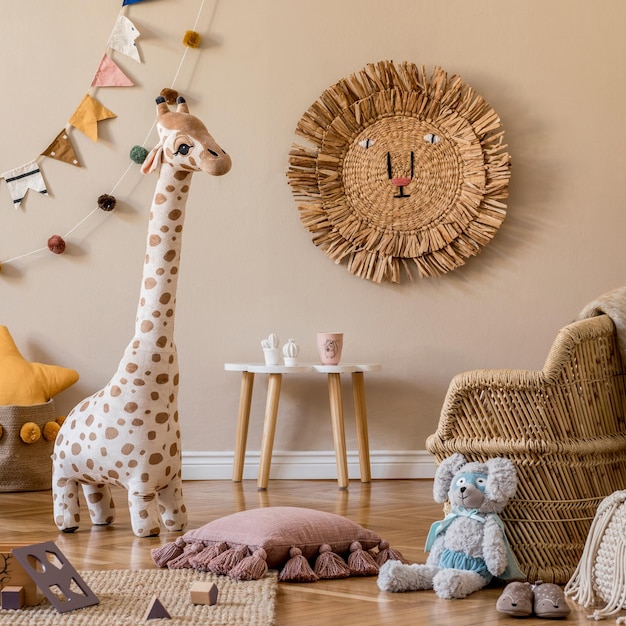 Stylish scandinavian interior of child room with natural toys, hanging decoration, design furniture, plush animals, teddy bears and accessories. Beige walls. Interior design of kid room. Template.