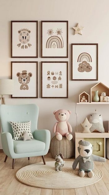 Stylish scandinavian kid room interior with toys teddy bear plush animal toys mint armchr decoratio