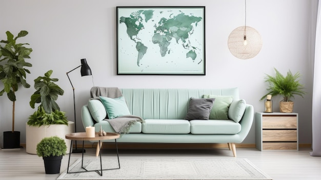 Stylish scandinavian living room interior with design mint sofa furnitures mock up poster map plants and elegant personal accessories Home decor Interior design