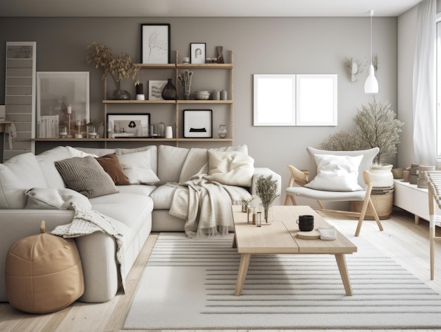 Stylish scandinavian living room with beautiful furniture and decor Generative AI