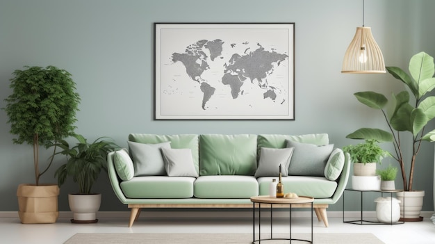 Stylish scandinavian living room with design mint sofa furnitures mock up poster map plants