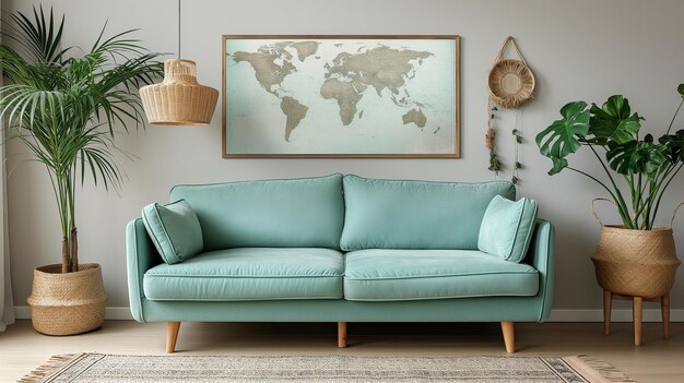 Stylish scandinavian living room with design mint sofa furnitures mock up poster map plants