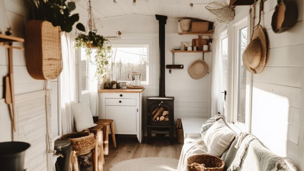 Photo stylish scandinavian tiny home with woodburning stove