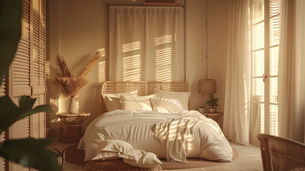 A stylish scene of a beige bedroom featuring Boho Scandinavian style in a farmhouse interior