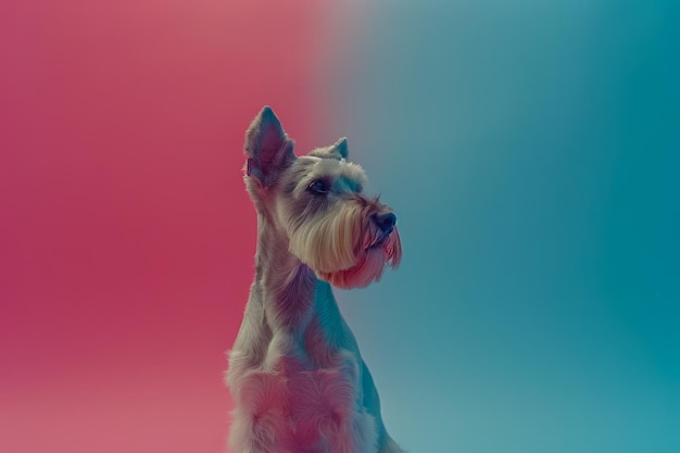 Stylish Schnauzer Dog against Vivid Pink and Blue Gradient Sky Background Pet Portraits