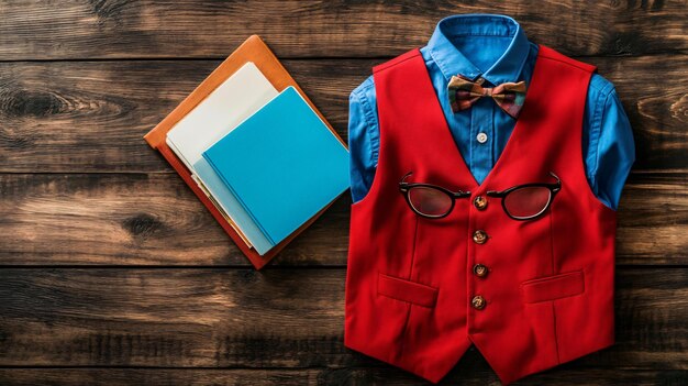 Photo stylish school uniform for boy with glasses and notebook