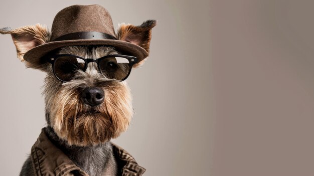 A stylish Scottish Terrier with a fedora and sunglasses looks at the camera