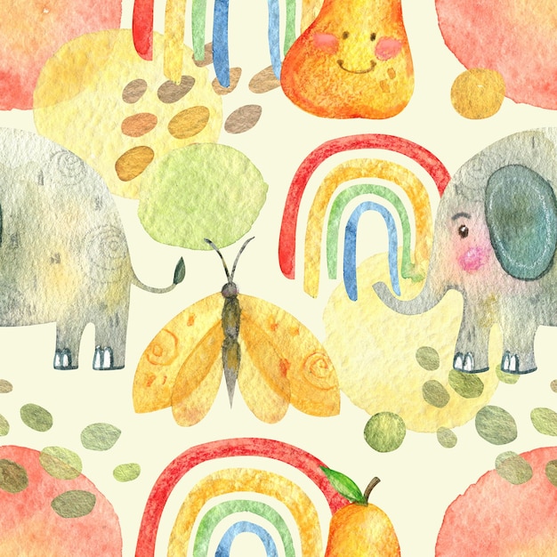 Stylish seamless pattern with watercolor blots rainbows and hand drawn cute fun pear butterflies