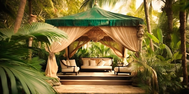 A stylish secluded outdoor cabana nestled within a tranquil verdant tropical paradise retreat