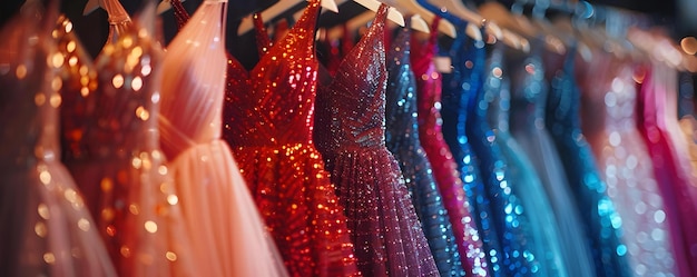 Stylish Sequin Display of Evening Gowns on Hangers Concept Fashion Photography Stylish Sequin Display Evening Gowns Hangers Elegant Collection