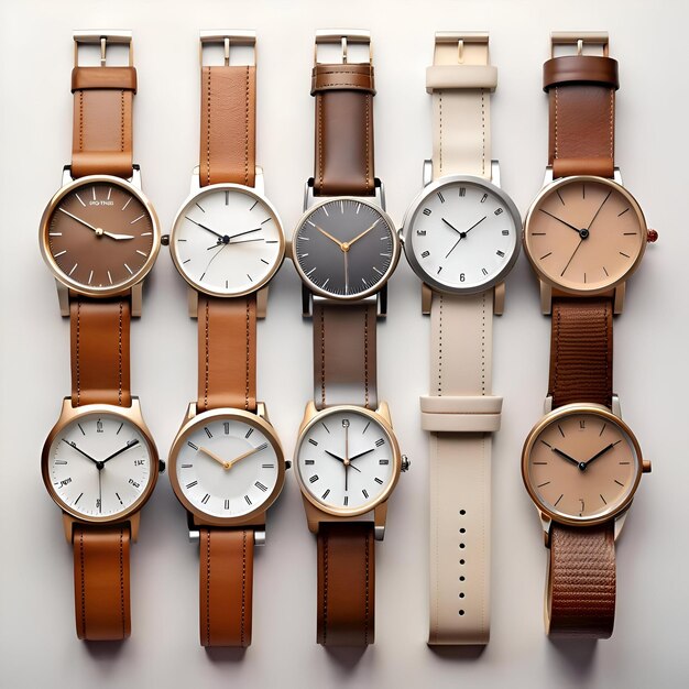 Photo a stylish set of six wristwatches with different dial colors and strap variations