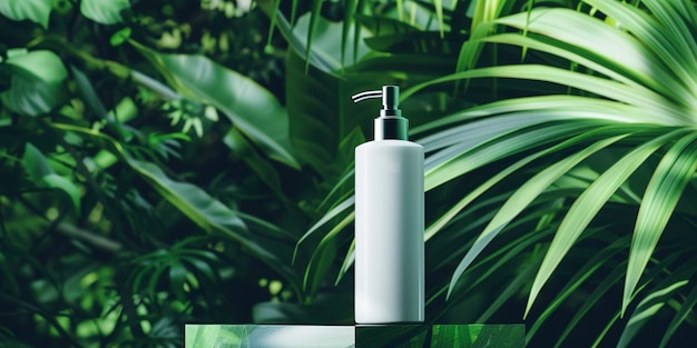 Stylish shampoo stand small white bottle in the center against a background of lush greenery