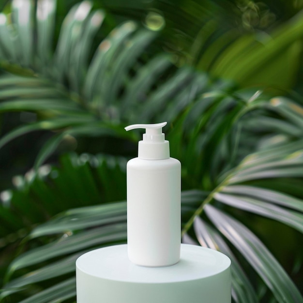 Stylish shampoo stand small white bottle in the center against a background of lush greenery