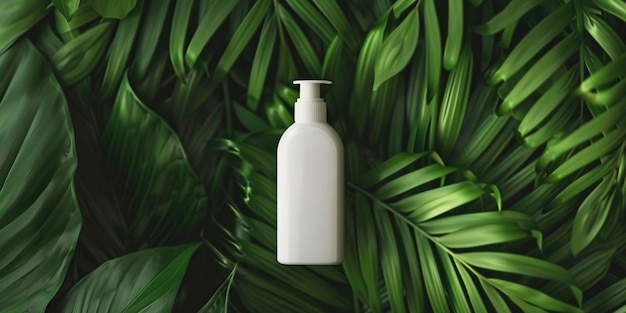 Stylish shampoo stand small white bottle in the center against a background of lush greenery