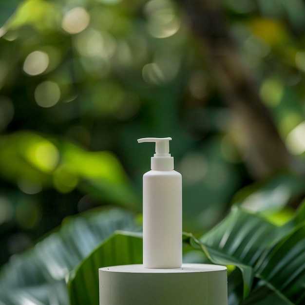 Stylish shampoo stand small white bottle in the center against a background of lush greenery