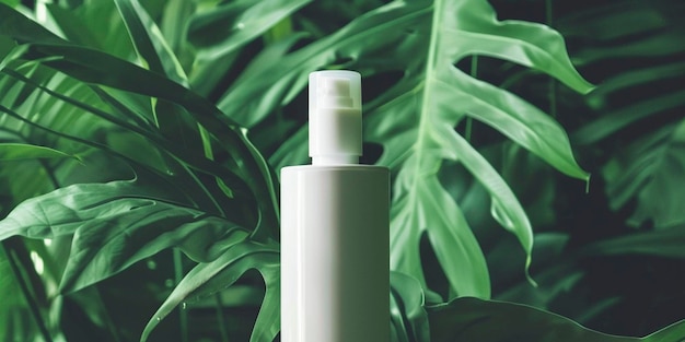 Stylish shampoo stand small white bottle in the center against a background of lush greenery