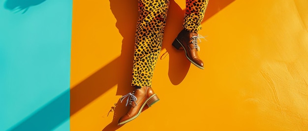 Photo stylish shoes and vibrant patterned pants against a bold colorful background capture an essence of modern fashion and creative expression