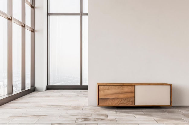 Stylish sideboard next to a big window filling the room with natural lighting in a residential interiors composition Real Estate and architectural advertising with copy space