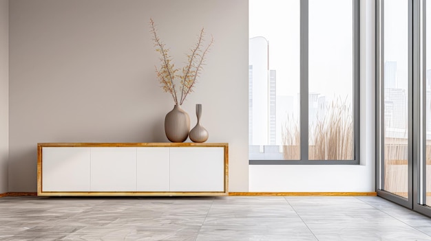 Stylish sideboard next to a big window filling the room with natural lighting in a residential interiors composition Real Estate and architectural advertising with copy space