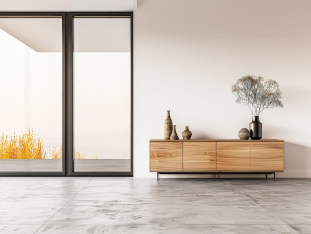 Stylish sideboard next to a big window filling the room with natural lighting in a residential interiors composition Real Estate and architectural advertising with copy space