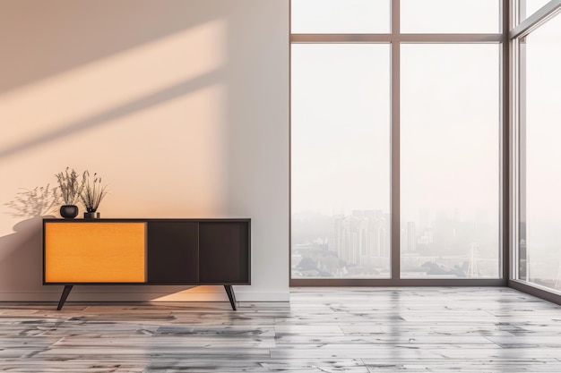 Stylish sideboard next to a big window filling the room with natural lighting in a residential interiors composition Real Estate and architectural advertising with copy space