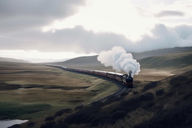 Stylish and sleek train through the landscape with a cloud of steam created with generative ai