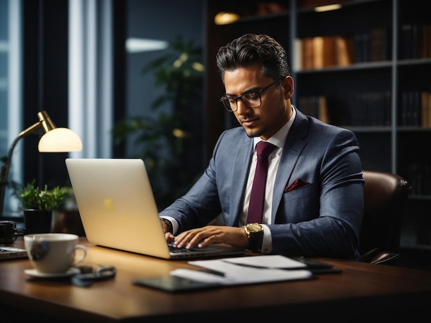 Stylish smiling businessman in an elegant suit in a bright modern office