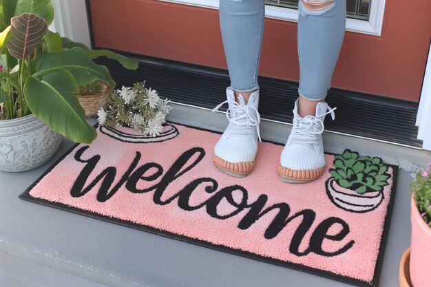 Photo stylish sneakers on a black welcome mat