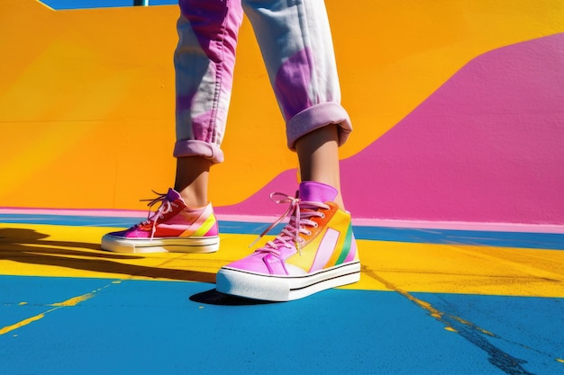 Stylish sneakers on colorful background Fashion style Generative AI