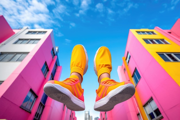 Stylish sneakers on colorful background Fashion style Generative AI