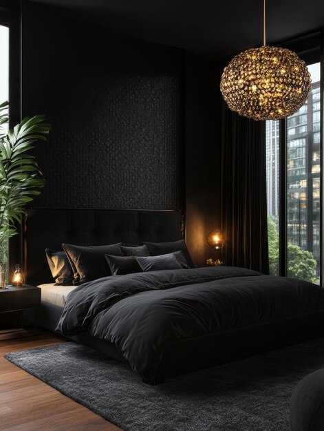 Photo a stylish and sophisticated bedroom with a modern dark interior design featuring a plush bed d