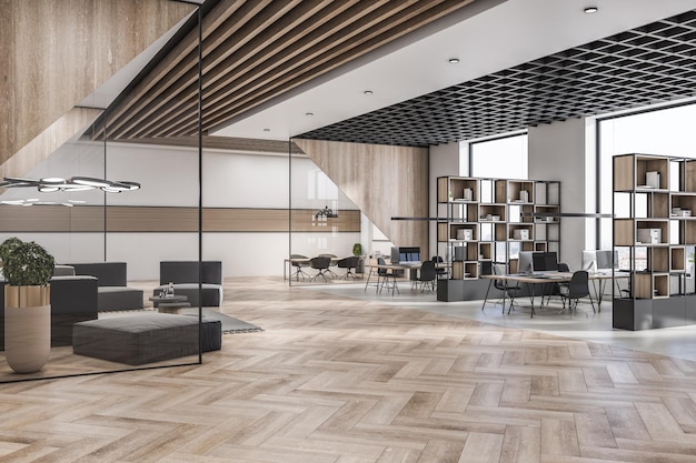 Stylish spacious office hall with waiting area stylish wooden decoration shelves and floor big windows and dark modern furniture and chairs 3D rendering