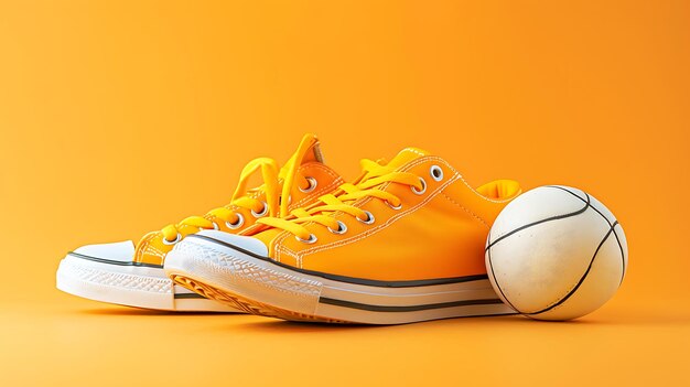 Stylish sports shoes and ball on solid background