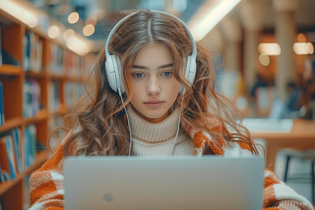 Photo stylish student brainstorming ideas on laptop in library listening to lecture on headphones young woman writing essay and finding solutions